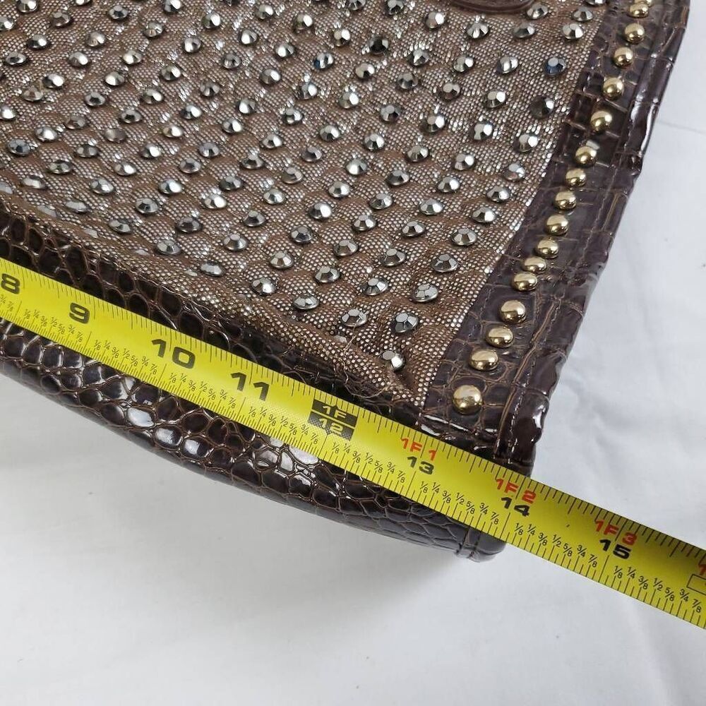 Brown Studded Faux Croc Tote Purse Gold Chain Handles Glam Satchel 13x11 - Picture 4 of 8